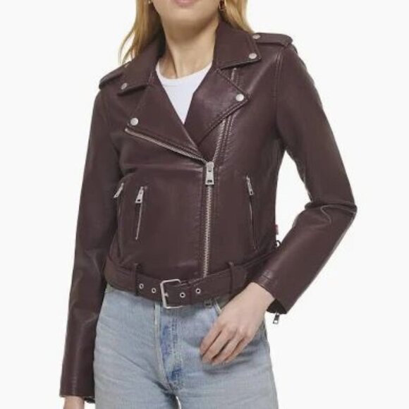 NWT Levi's Faux Leather Moto Jacket Asymmetrical-Zip Belted Burgundy Size S - Picture 1 of 15